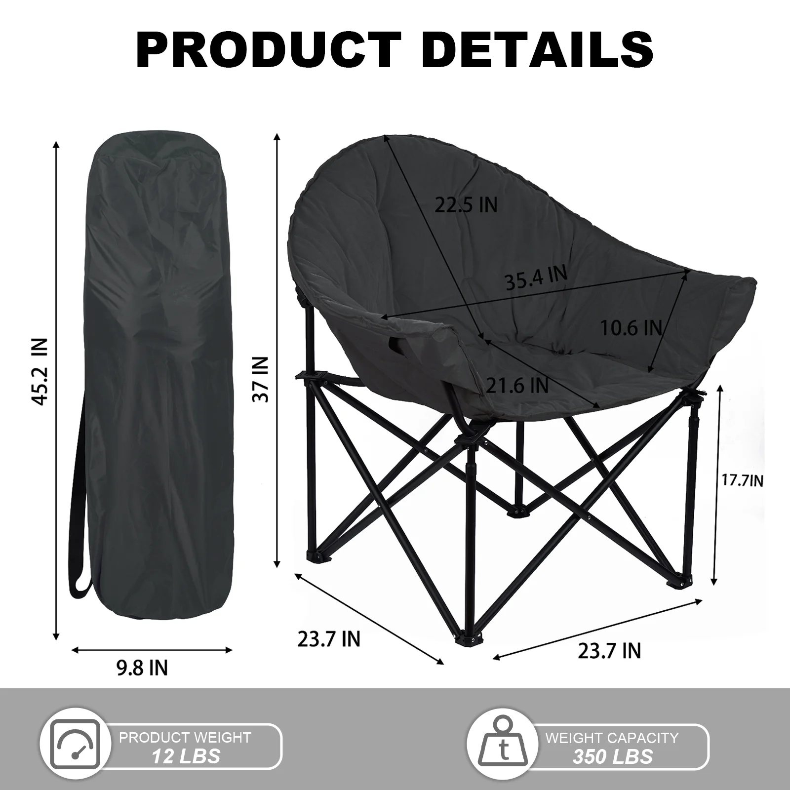 TANGJEAER Folding Saucer Chair, Oversized Lazy Moon Chair with Metal Frame, Comfy Bedroom Chairs for Bedroom, Living Room, Study Black