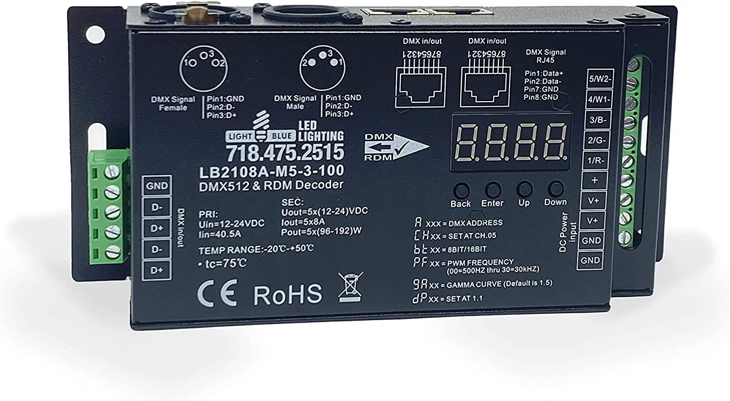 Ultra Pro 5 Channel CV DMX RDM Digital PWM Decoder 8/16 bits for RGB & RGBW LED Lighting 12-36 VDC UL Recognized Controller 5x8A Dimmer 5809