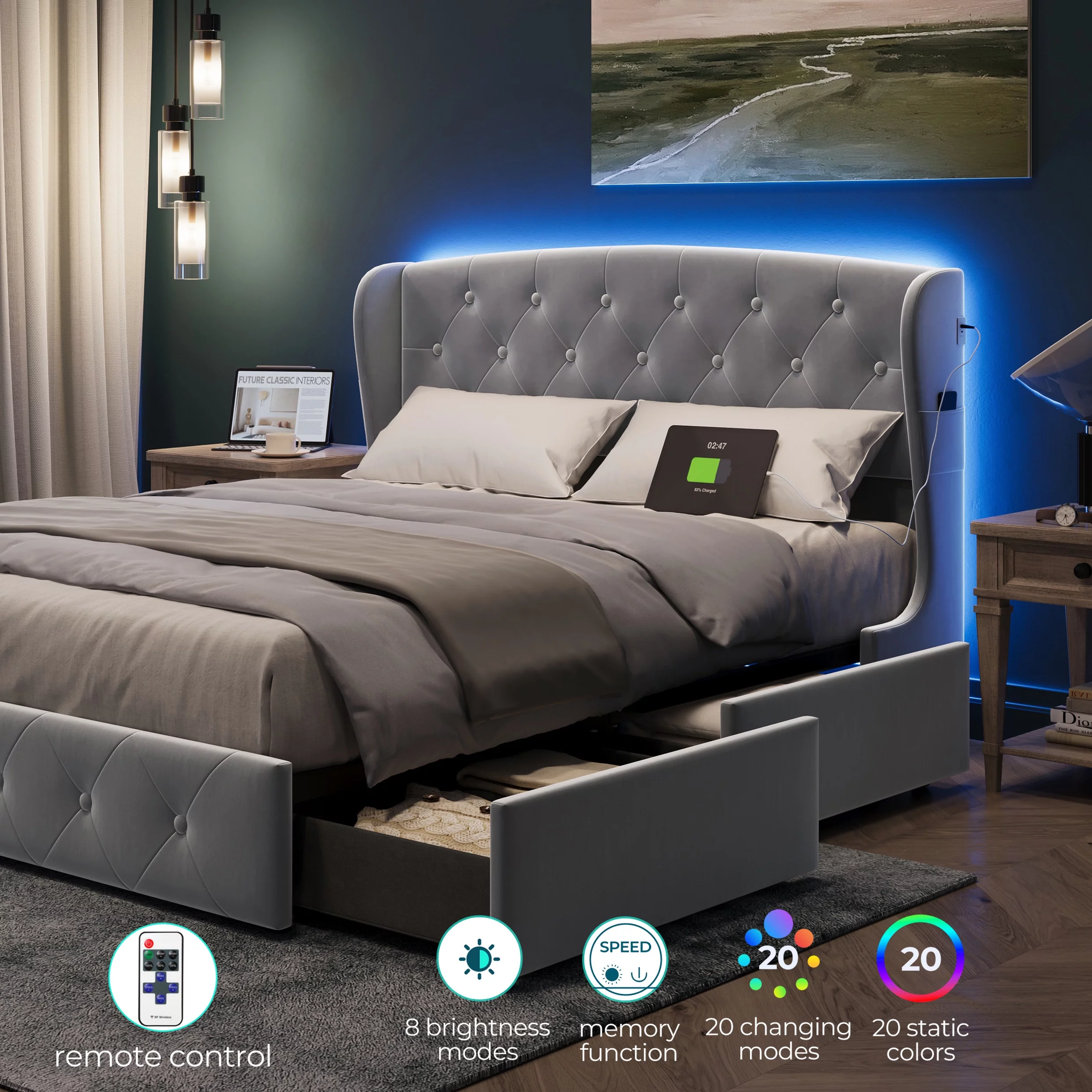 Linsy Home Upholstered Full Size Platform Bed Frame with Headboard and 4 Storage Drawers, Storage Bed with Remote RGB Lights & Fast Charger, No Box Spring Needed, Light Grey