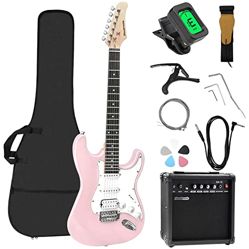Soulmate 39 Inch Full Size Electric Guitar Starter Kit for Beginners Solid Body, HSS Pickups with 15W Amp, Gig Bag, Digital Tuner, Capo, Strap, Strings, Cable, Picks (Right-Handed,Pink)