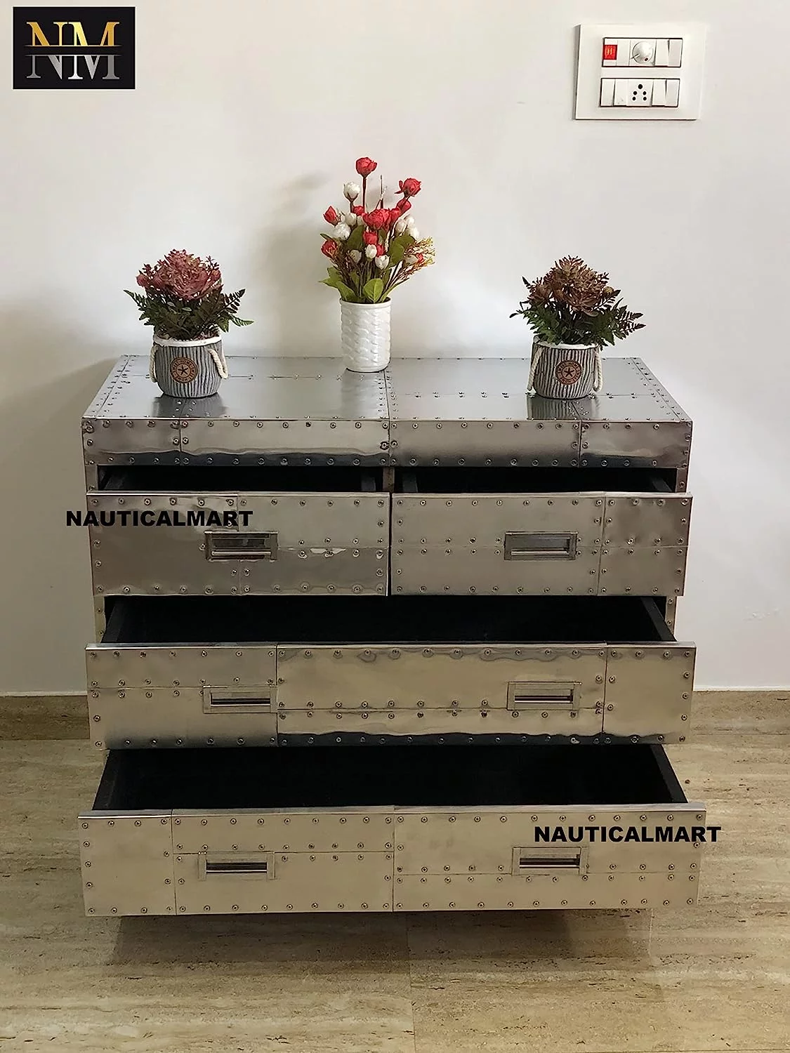 Nautical-Mart Aviator Spitfire 4 Drawer Chest Aluminum Mid Century Modern Classic Home Furniture End Table (42 Inches)