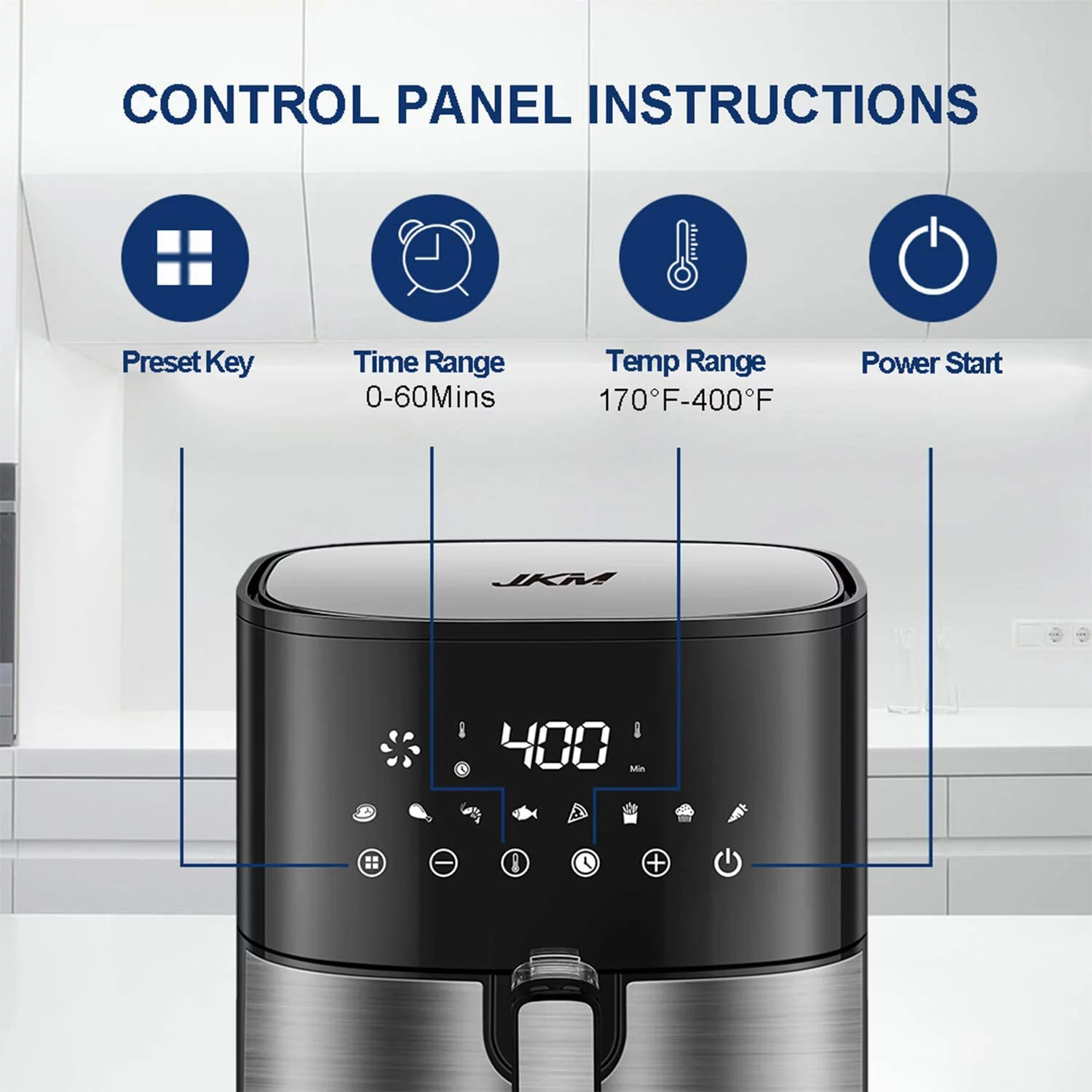 JKM 5.3 Quart Air Fryer XL Oven Stainless Steel,1700W, 8 Cooking Preset, Multifunction LED Digital Display, Auto Shut Off