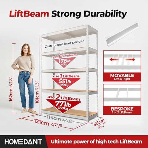 HOMEDANT 5 Tier Laminated Boltless Heavy Duty Garage Storage Adjustable Wide Size Metal Shelving Unit Utility Rack Shelves Organization Multipurpose Shelf Shed Warehouse 47.7