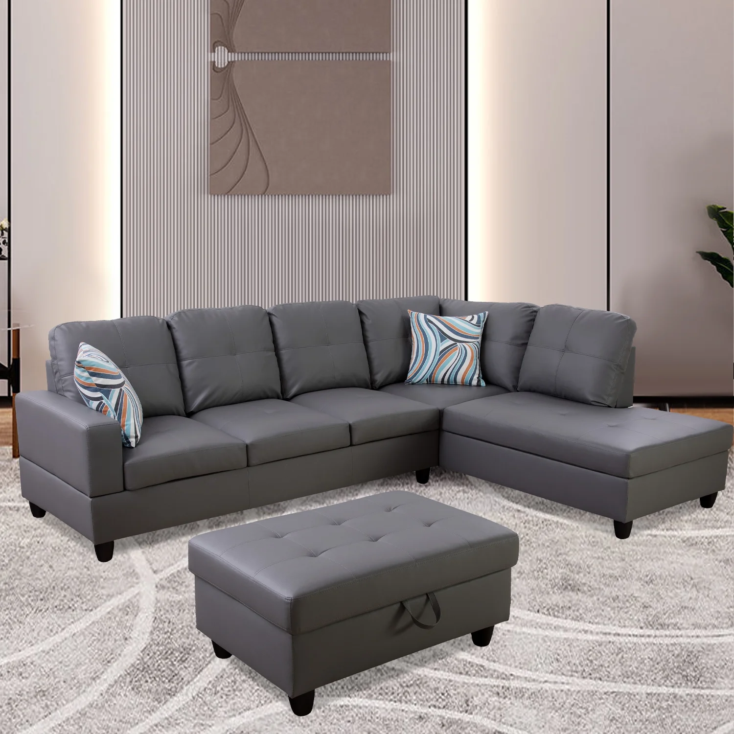 PonLiving Sectional Sofa Couch, L-Shaped 3-Piece Couch Living Room Sofa Set for Small Space, Apartment, Loft, Office, Right Hand Facing, Dark Grey
