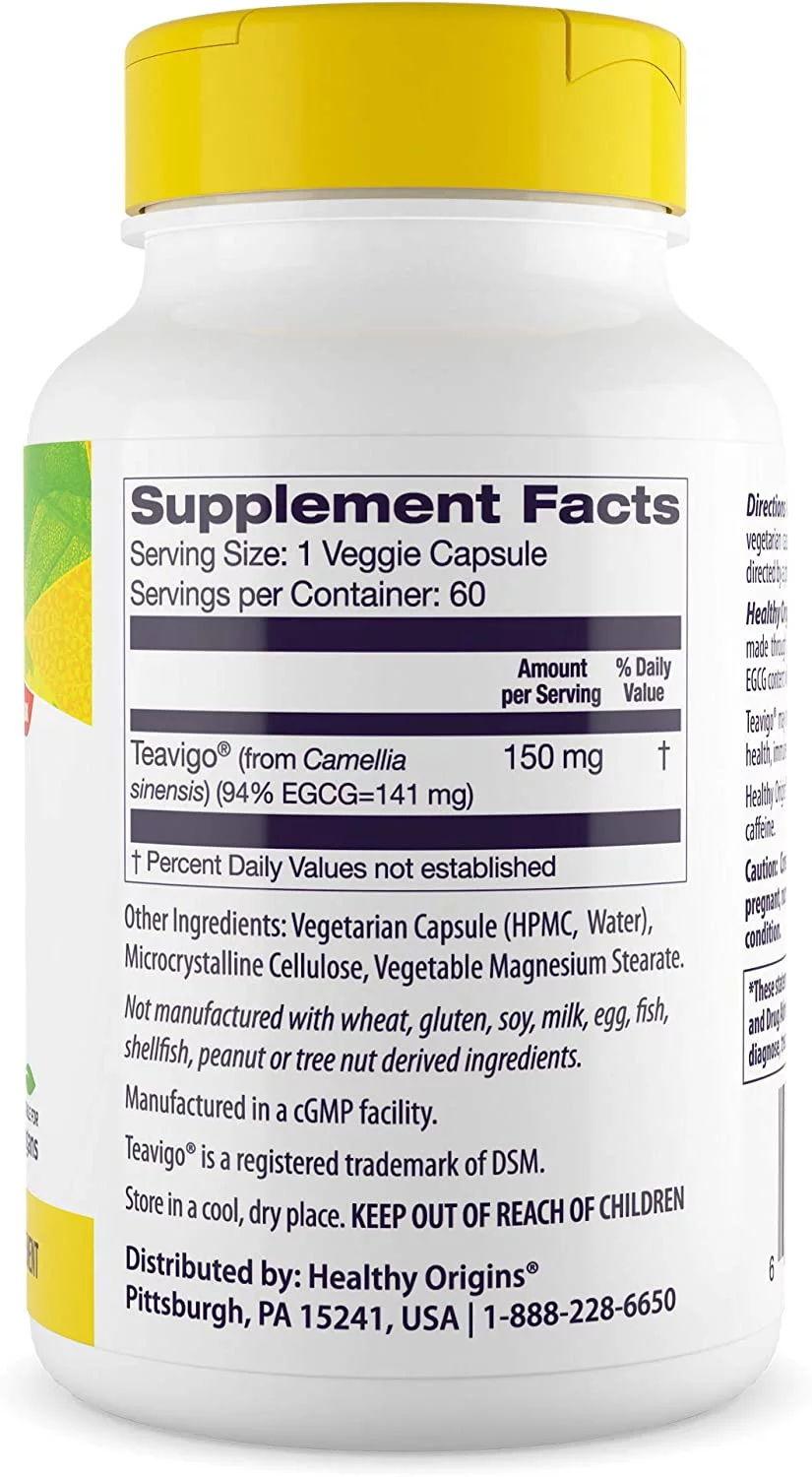 Healthy Origins Teavigo 150 mg (94% Egcg, Green Tea Extract, Non-GMO, Gluten Free, Antoixidant), 60 Veggie Caps