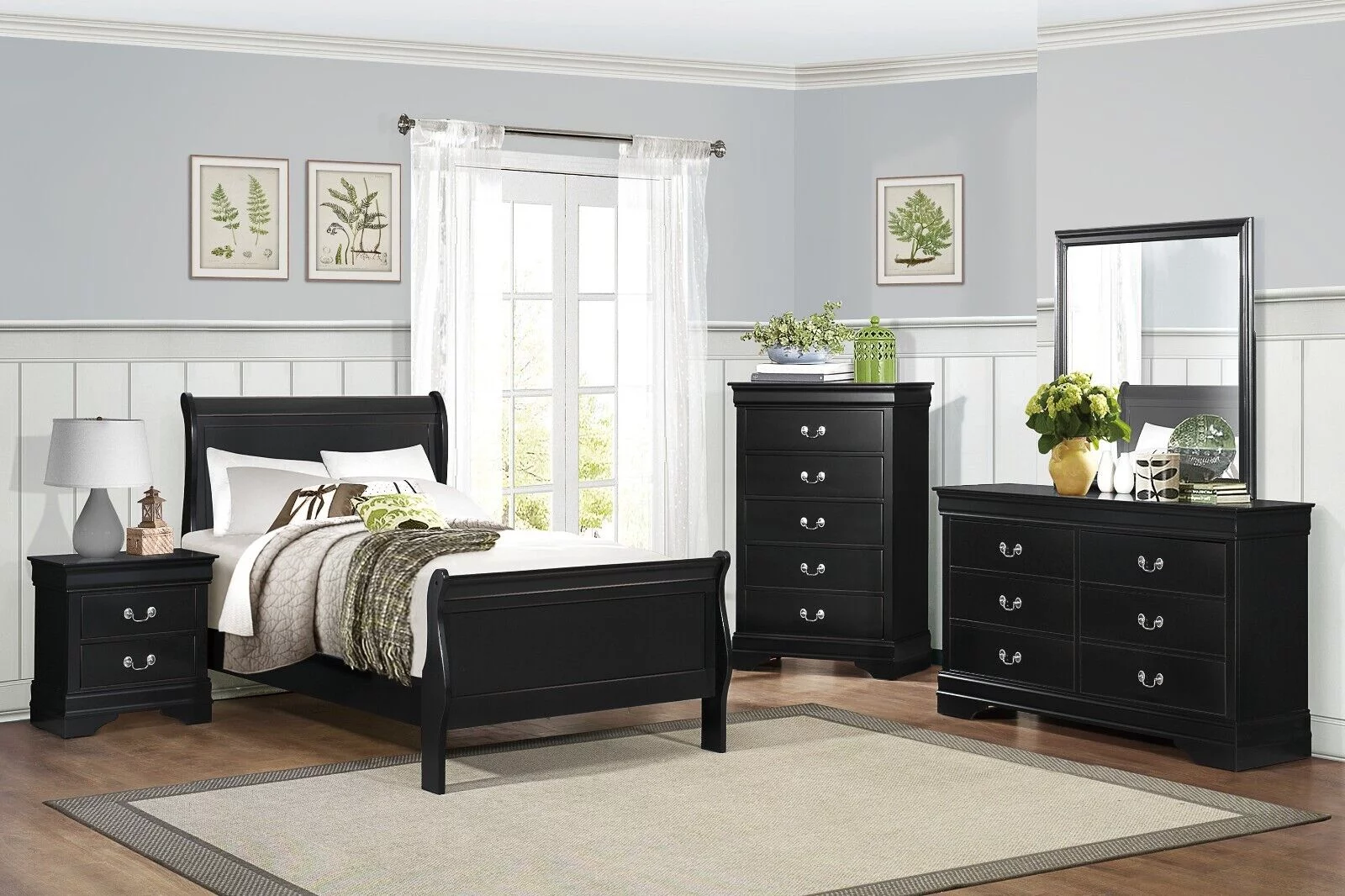 Classic Louis Philippe Style Bedroom 4pc Set Twin Bed Nightstand Dresser Mirror Traditional Black Finish Furniture