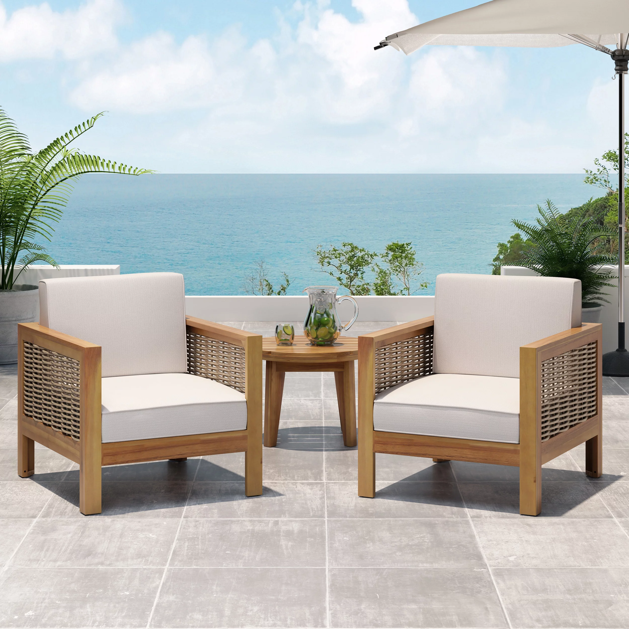 GDF Studio Taylor Outdoor Acacia Wood Club Chair with Wicker Accents, Set of 2, Teak, Mixed Brown, and Beige