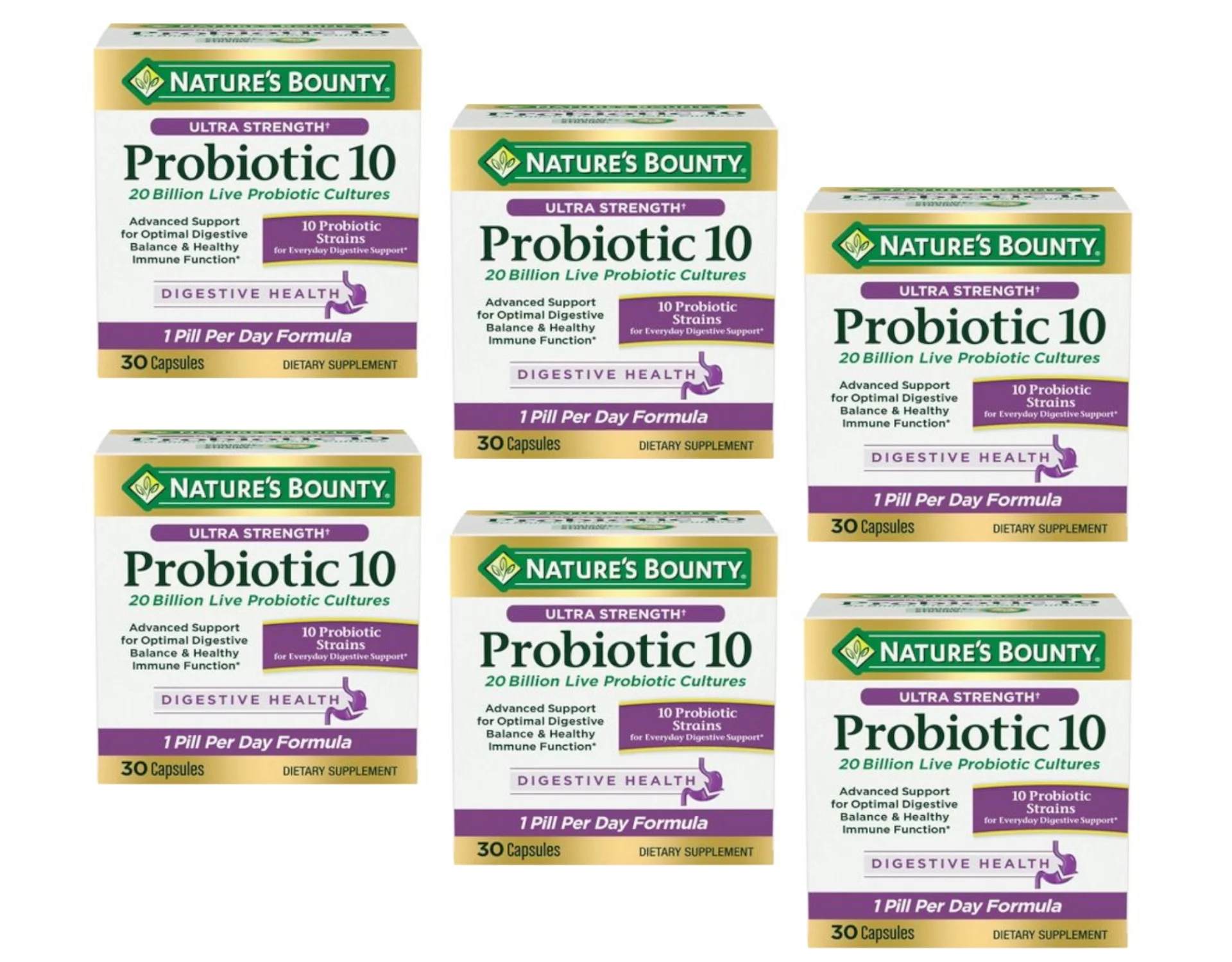 Nature's Bounty Ultra Strength Probiotic 10 Capsules for Digestive Health, 30 Count - Pack of 6