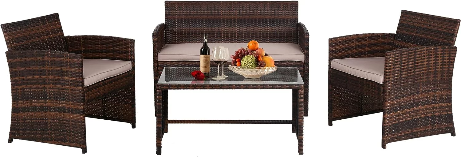 4 Pieces Outdoor Patio Furniture Sets Wicker Outdoor Garden Furniture,Brown, 3 People