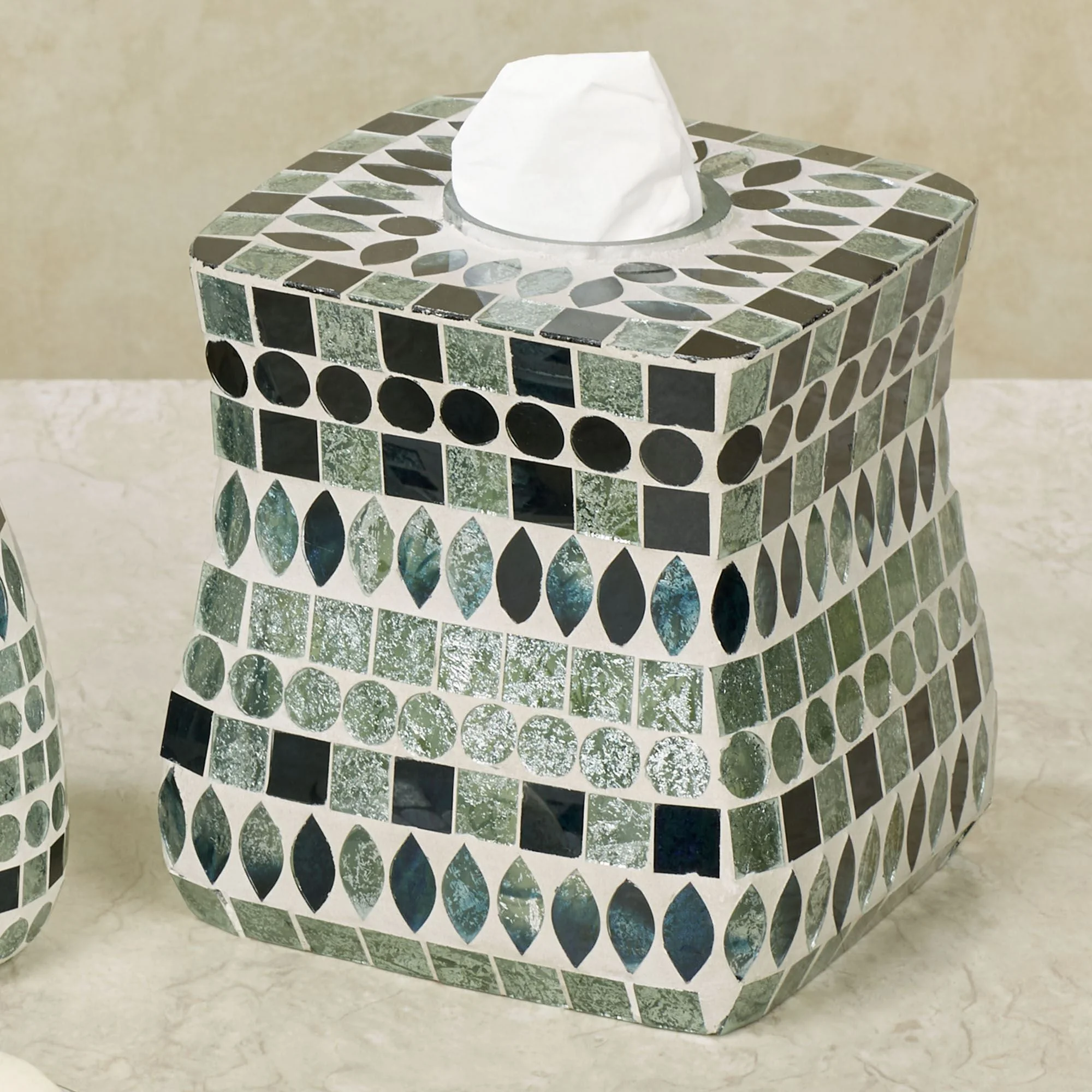 Mosaic Sea Tissue Cover Multi Jewel, Laser-cut, Hand-cut, Stripes in Blue, Sapphire, and Aqua mist Hues on a Natural Clay 6.5 Inch Cube