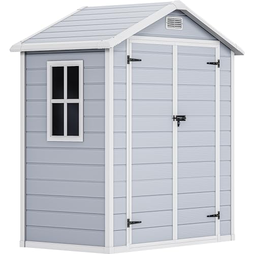 DWVO 6.x4 FT Resin Storage Shed with Reinforced Floor, Outdoor Storage Shed with Lockable Door, Window and Vents, Waterproof Plastic Tool Storage for Garden, Backyard, Patio, Lawn