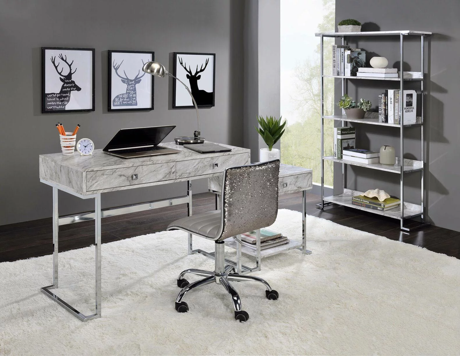 Modern White Printed Faux Marble Home Office Set by Acme 92615-4pcs Tigress
