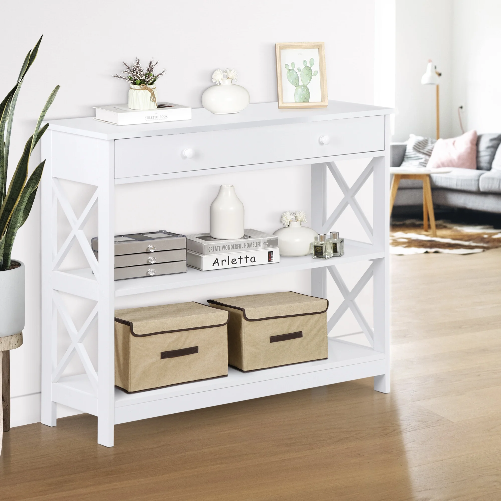 ZENY X-Design Console Table with 1 Drawer Wooden Sofa Side Table Entryway Table 2 Storage Shelves for Living Room, White