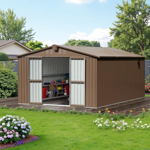 11×12.5 FT Large Outdoor Storage Shed. Backyard Storage Shed with Windows, Lockable Doors, Air Vent, Garden Tool Shed, Steel Tool House for Backyard, Lawn, Patio, Brown