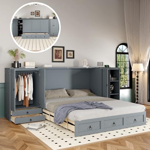 Queen Size Murphy Bed Wall Bed, Solid Pine Murphy Bed Chest Cube Cabinet Bed with USB, Charging Station, Bookshelves and Storage Wardrobes and Drawers for Home Office or Small Room-White