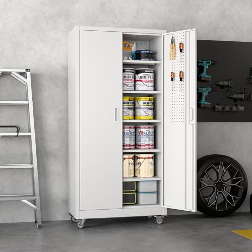 2025 Upgraded Wide & Deep Garage Storage Cabinet with Wheels, Lockable Metal Storage Cabinet with Pegboards and 9 Hooks, 2 Tool Pouches for Garage,4 Adjustable Shelves (Black,43''W x 22''D x 72''H)