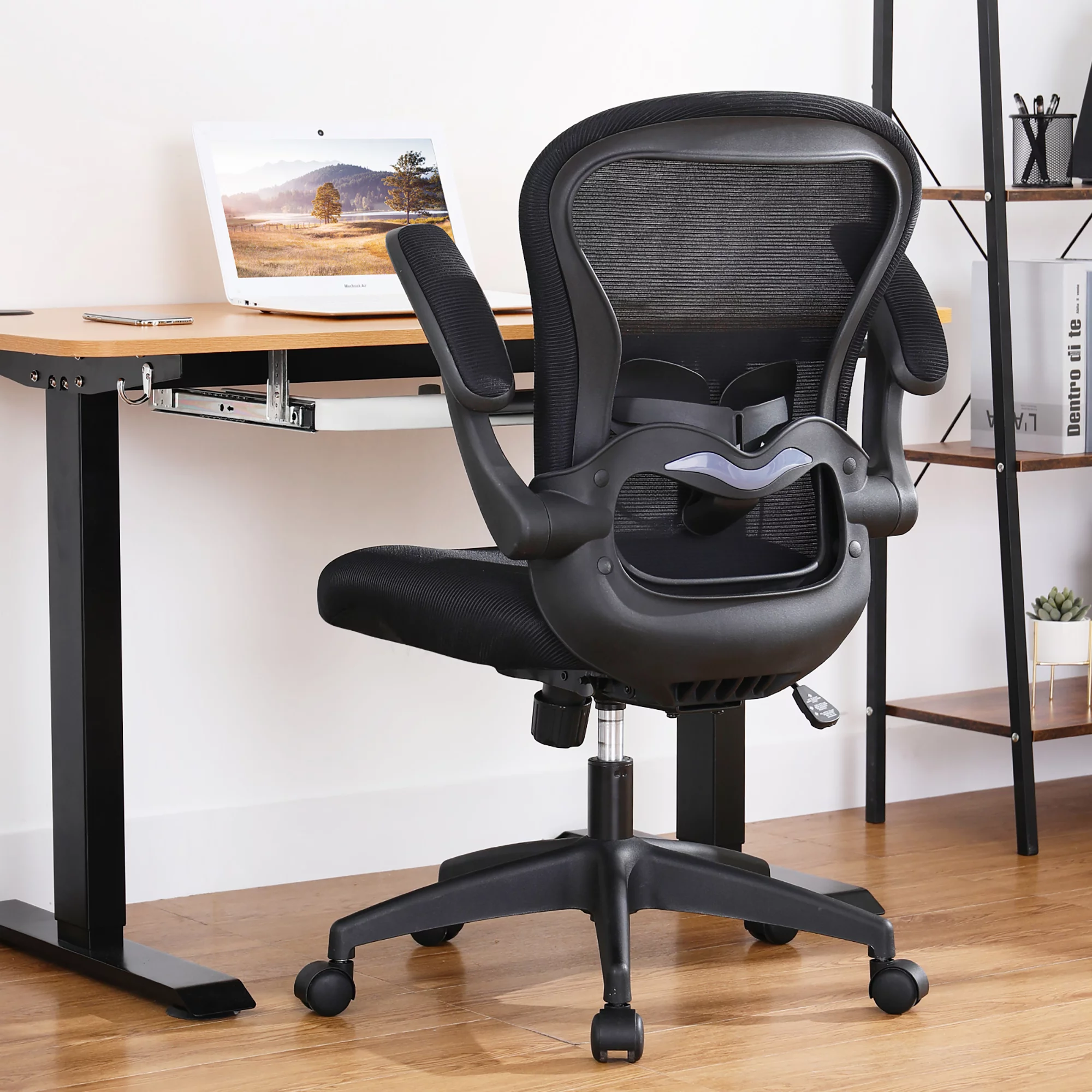 COMHOMA Office Chair Ergonomic Mesh Mid Back Task Chair with Flip-up Arms, Black