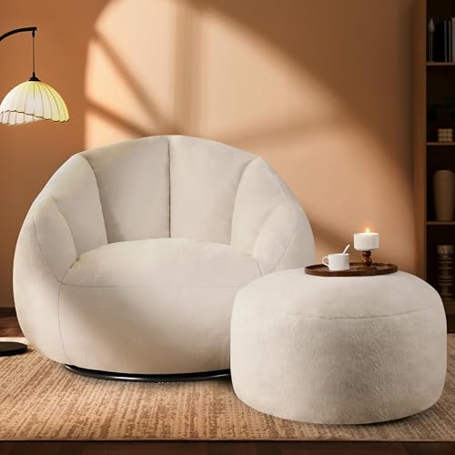 Giant Bean Bag Chair for Adults - Comfy Plush Round Shell Soft Accent Chair, Oversized Cozy Lounge Floor Sofa Reading Chair, Mini Couch for Living Room, Bedroom & Game Rooms, Beige