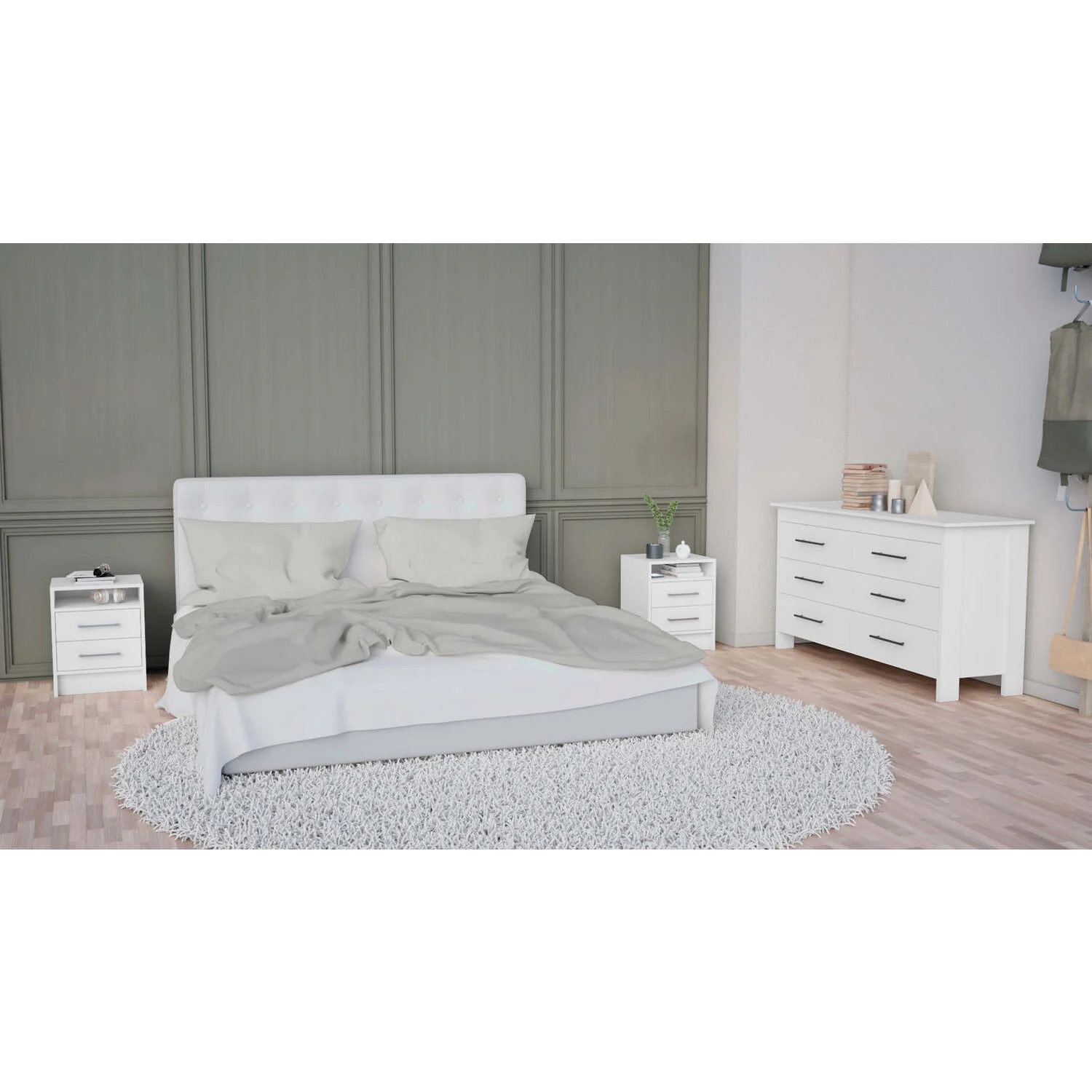 TUHOME Kearny 3-Piece Bedroom Set with Double Drawer Dresser and 2 Nightstands, White