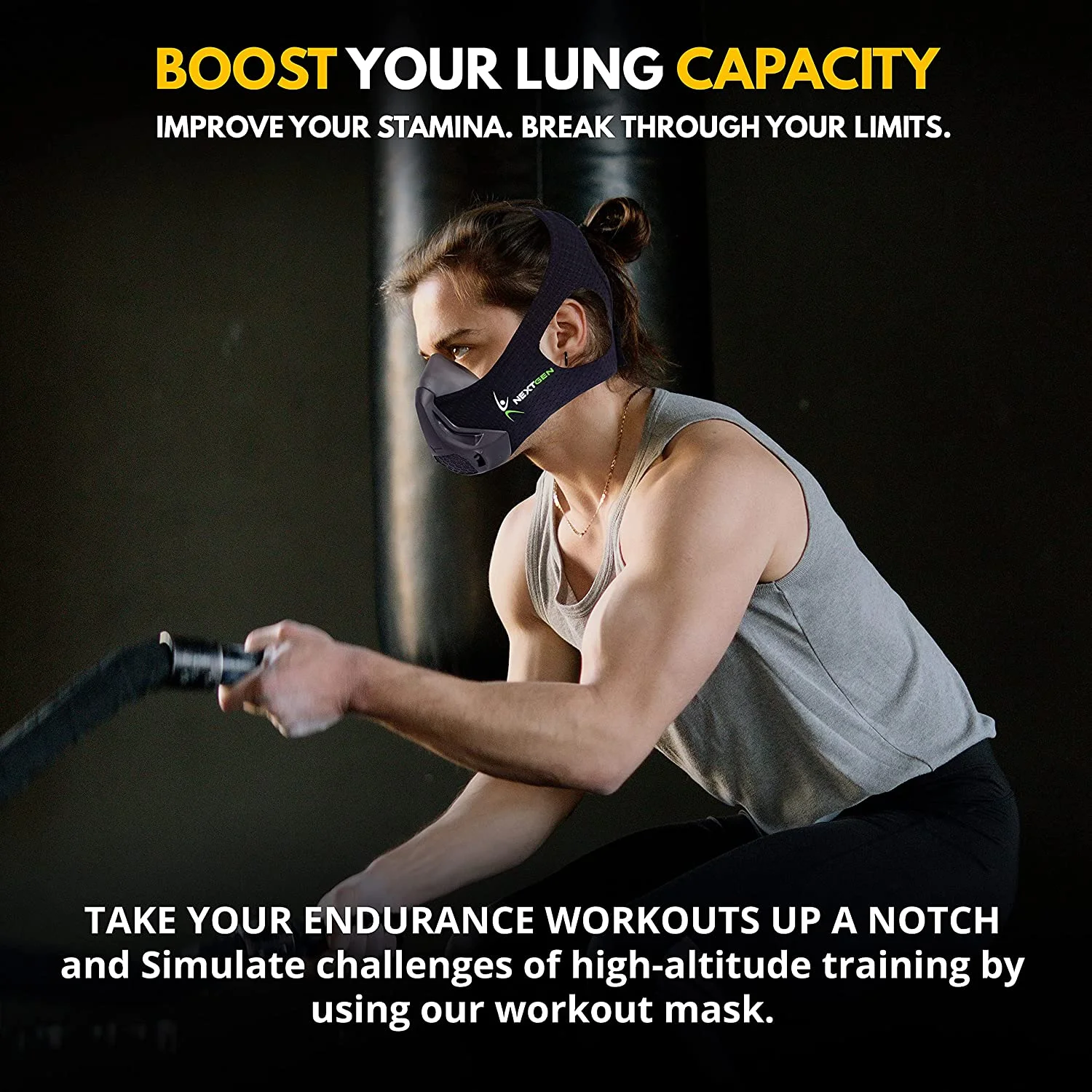 NEXTGEN Altitude Workout Mask Cardio Breathing & Respiratory Strength Trainer 24 Oxygen Deprivation Levels, 8 Replaceable Carbon Filters Sport Elevation Vented Respirator for Athletes Black