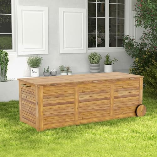 Tangkula 46 Gallon Acacia Wood Deck Box, Garden Backyard Storage Bench, Outdoor Storage Container for Patio Furniture Cushions and Gardening Tools (Natural)