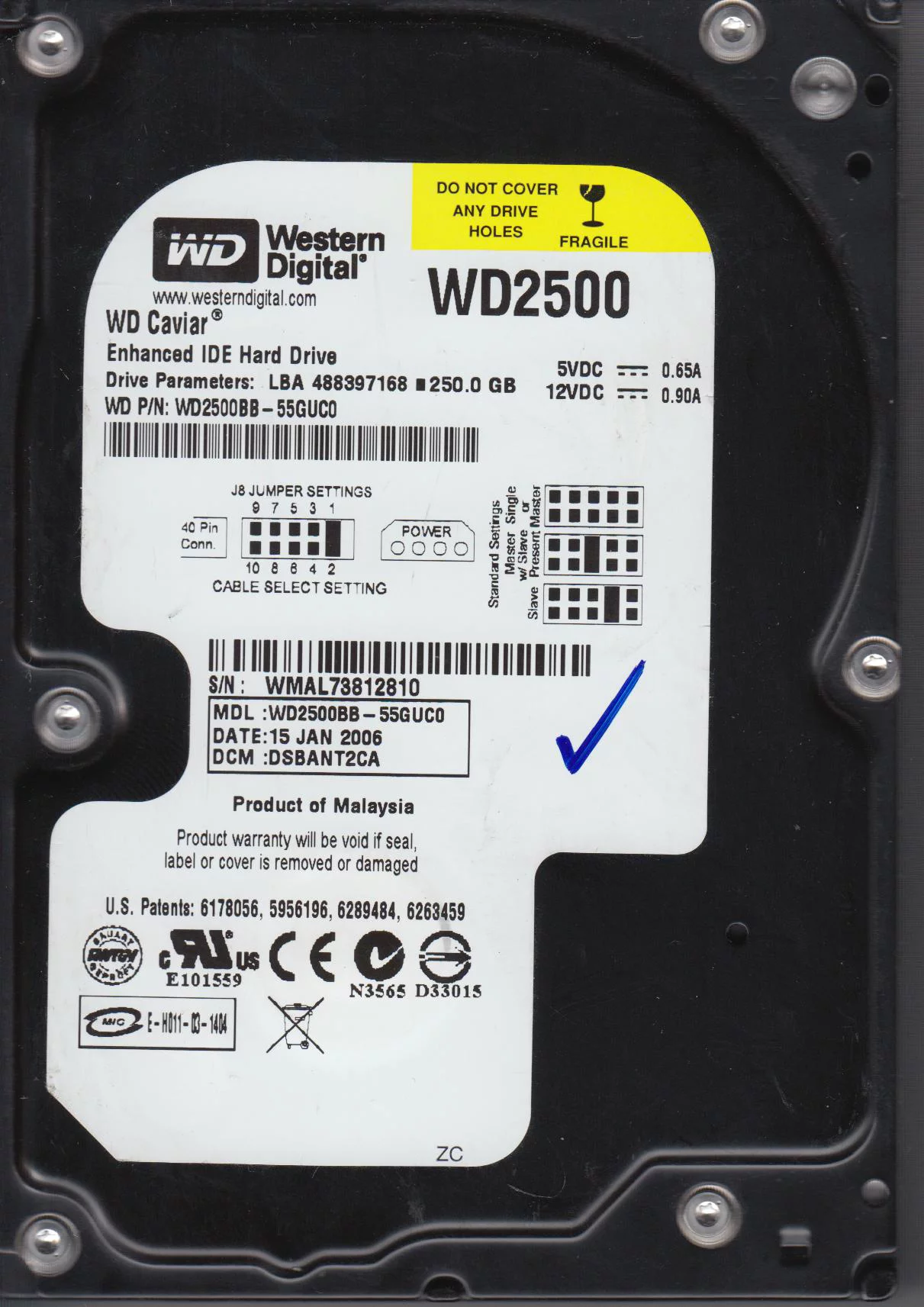 WD2500BB-55GUC0, DCM DSBANT2CA, Western Digital 250GB IDE 3.5 Hard Drive