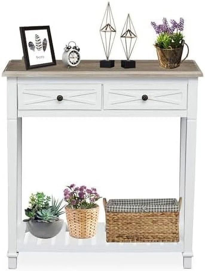 Console Tables for Entryway with 2 Drawers and  Shelf Small Narrow Sofa Table  Living Room  Hallway  French Country Rustic White