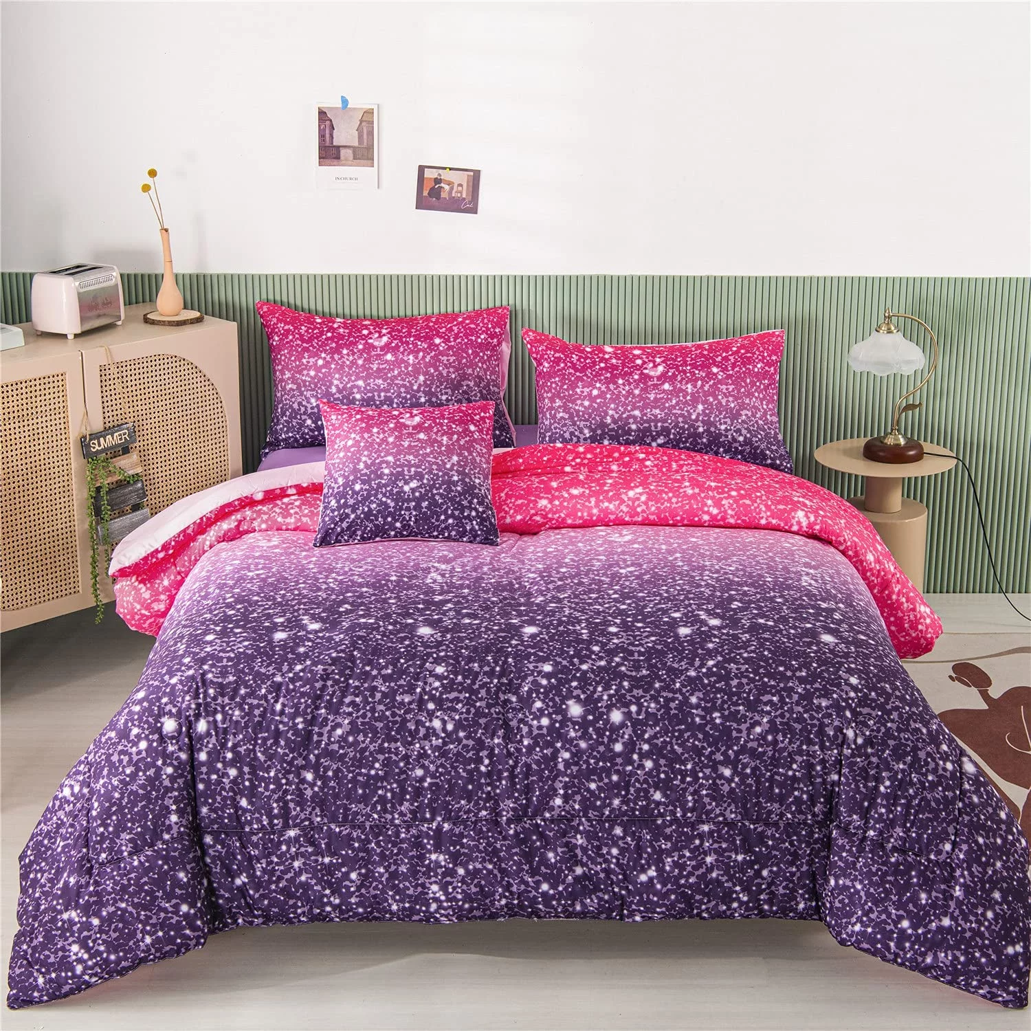 PERFEMET 6Pcs Twin Gradient Pink Purple Glitter Comforter Sets for Teens Girls Kids, Colorful Rainbow Glitter Themed Bedding Set