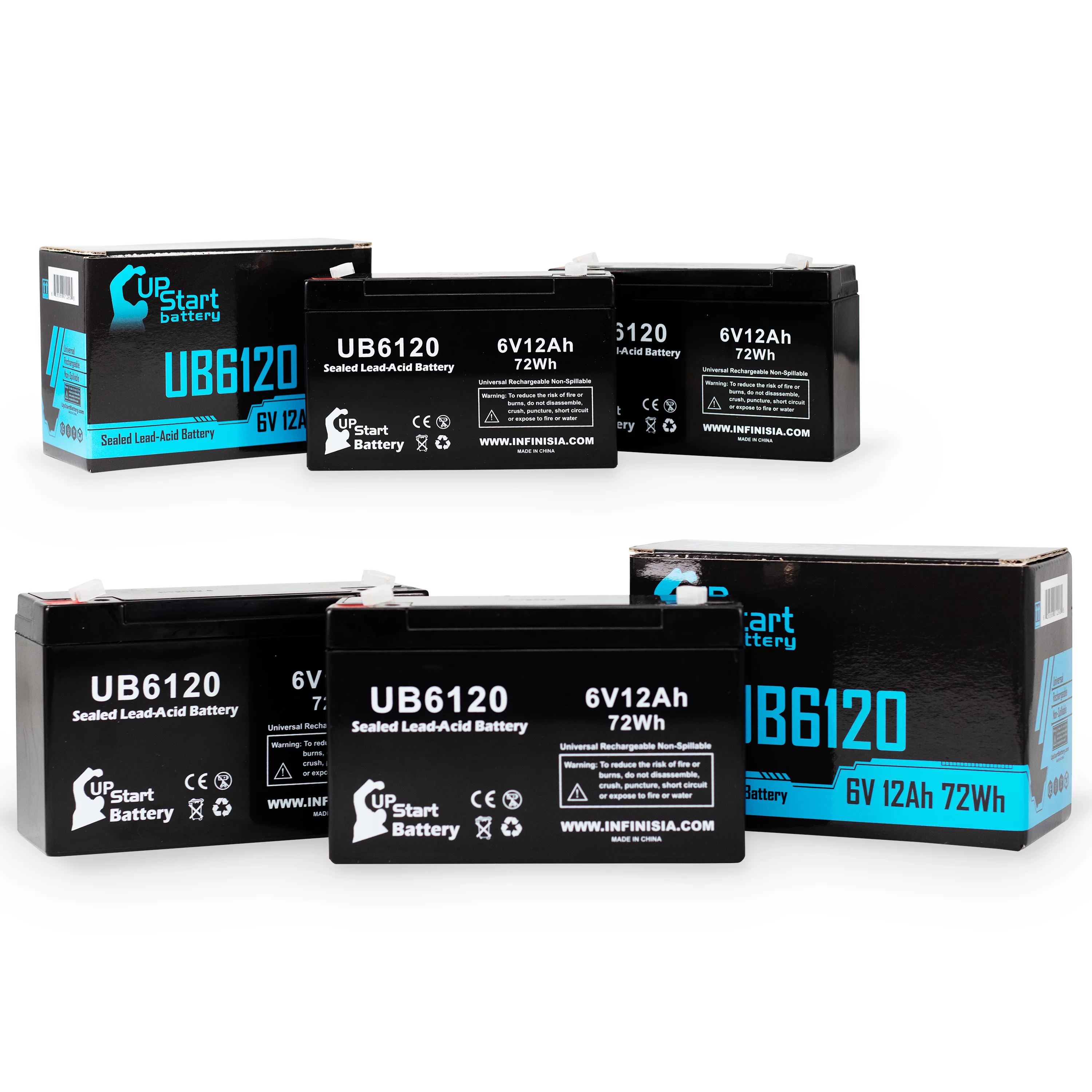 4x Pack - Compatible BAXTER HEALTHCARE INFUSION PUMP Battery - Replacement UB6120 Universal Sealed Lead Acid Battery (6V, 12Ah, 12000mAh, F1 Terminal, AGM, SLA) - Includes 8 F1 to F2 Terminal Adapters