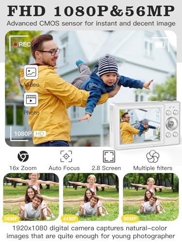 Upgrade Digital Camera, 56MP FHD 1080P for Kids with 16x Zoom Anti Shake, 32GB TF Card, Two Batteries, Lanyard, Compact Small for Boys Girls （Black）