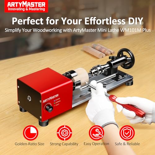 Mini Lathe, WM101A-Plus Mini Wood Lathe Machine, 24VDC 96W Power Lathe, Small Benchtop Lathe with Wood Turning Lathe Tools Kits, Infinitely Variable Speed, Professional for DIY Woodworking