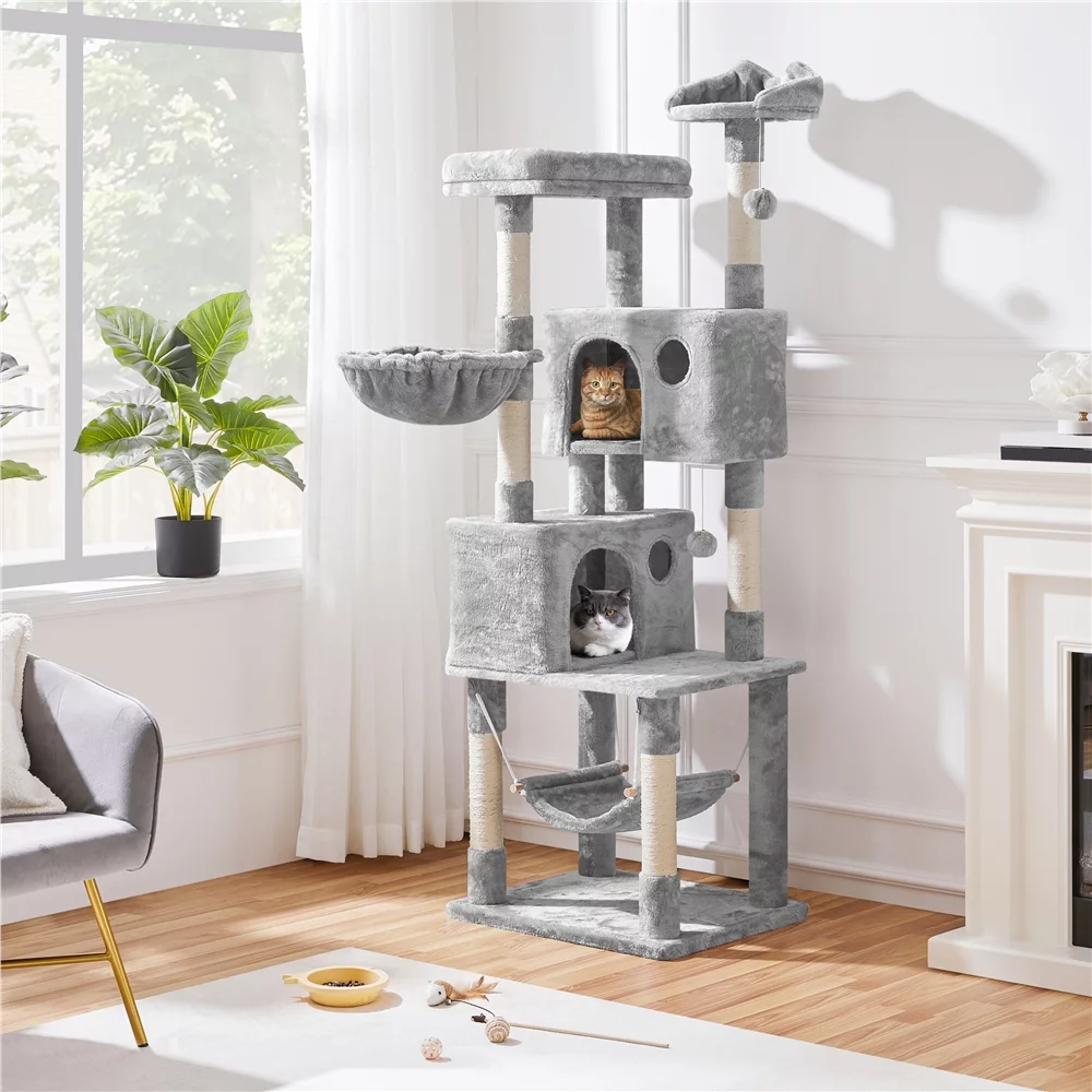 Yaheetech 73''H Multilevel Cat Tree Cat Tower w/ 2 Condos & Scratching Posts, Light Gray