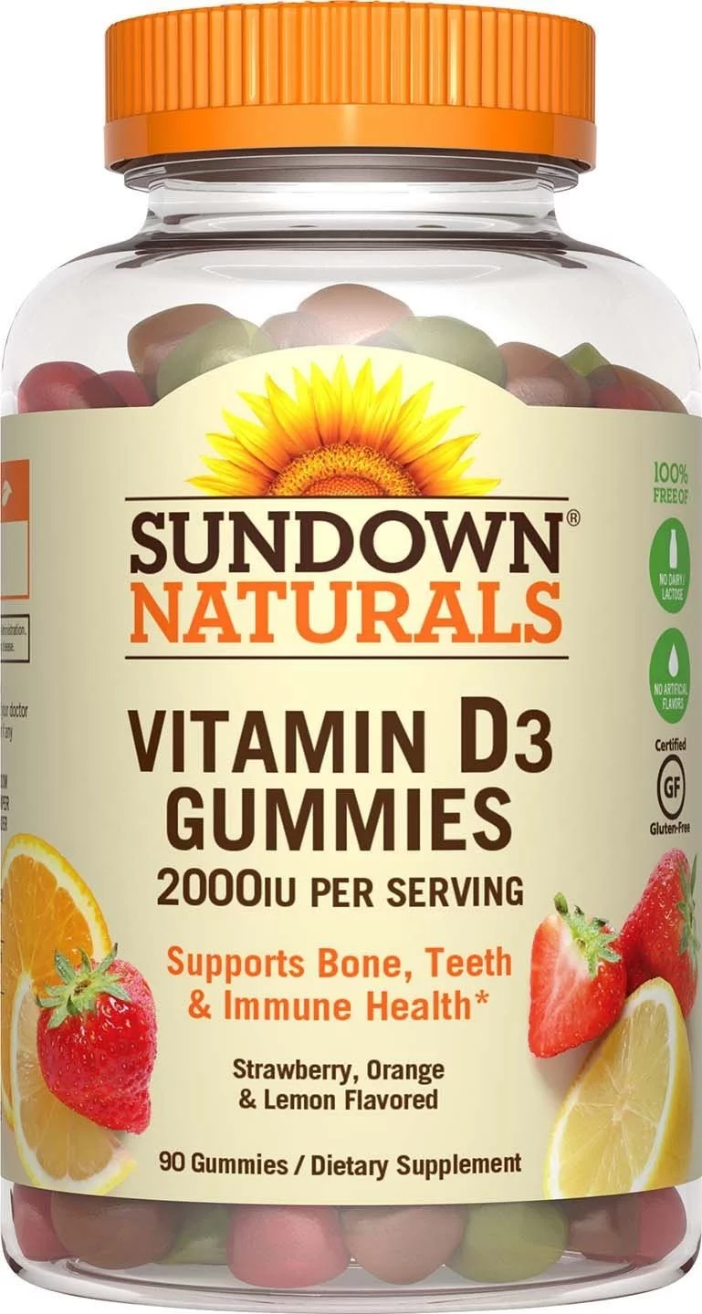 Sundown Naturals Vitamin D3 2000 IU Gummies, Strawberry, Orange, & Lemon Flavored 90 ea (Pack of 6)