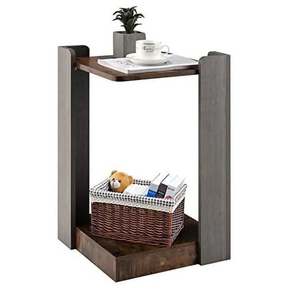 End Table, 2-Tier Side Table W/Open Storage Shelf, Square Sofa Side Table For Small Space, Nightstand Bedside Table For Bedroom, Rustic Coffee Accent Table For Living Room
