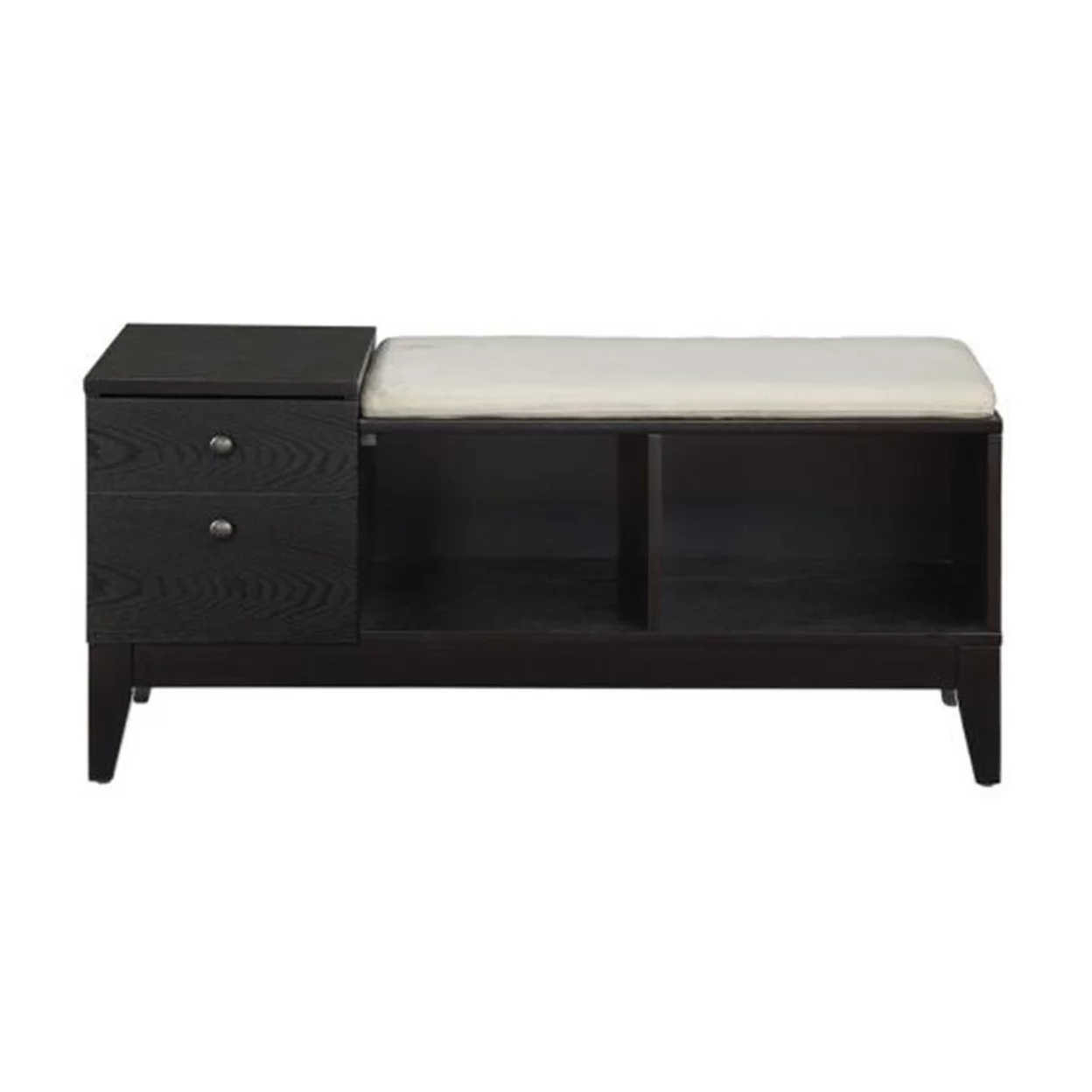 Wooden Bench with Fabric Upholstered Seat Cushion and Storage Space, Black- Saltoro Sherpi