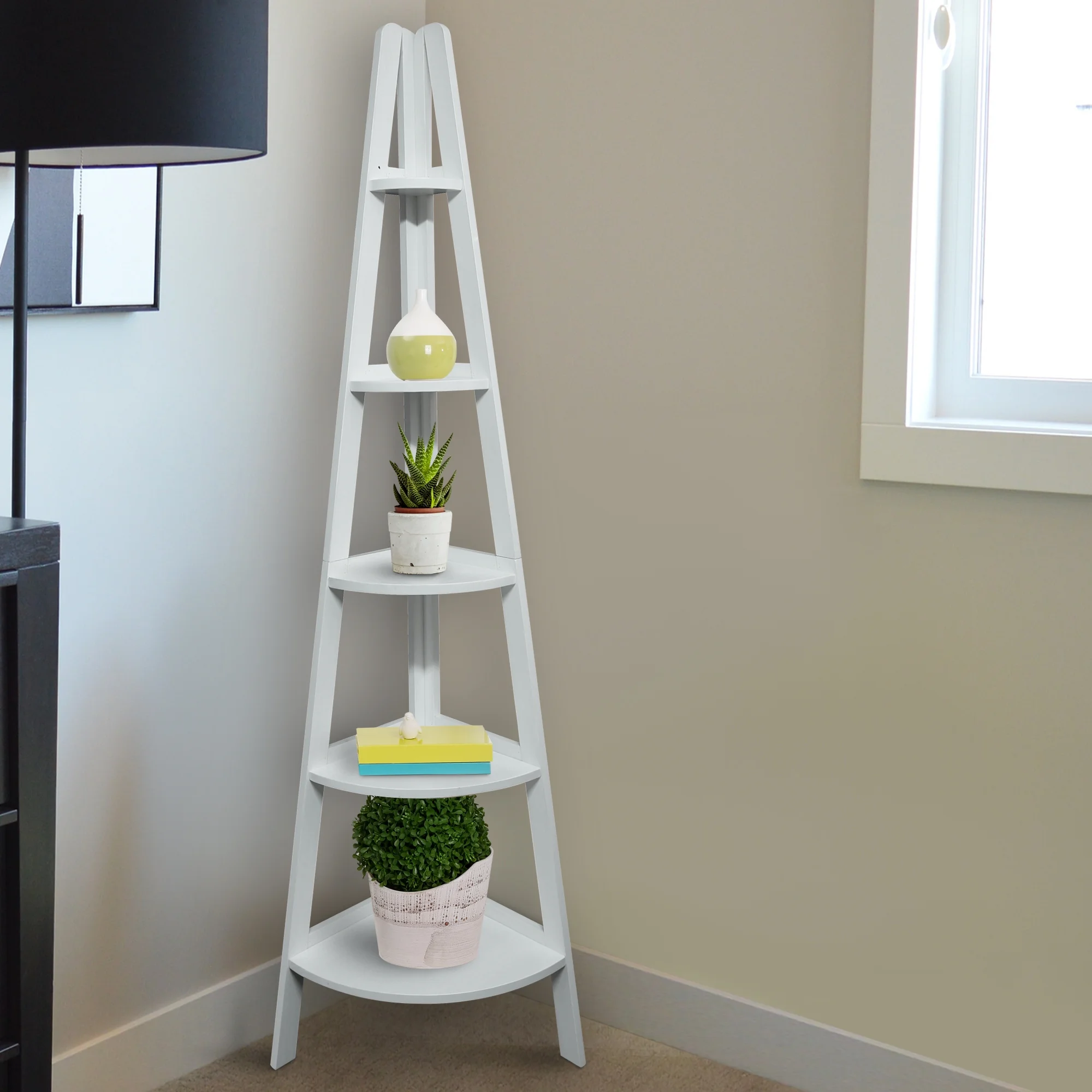5-Shelf Corner Ladder Bookcase - White