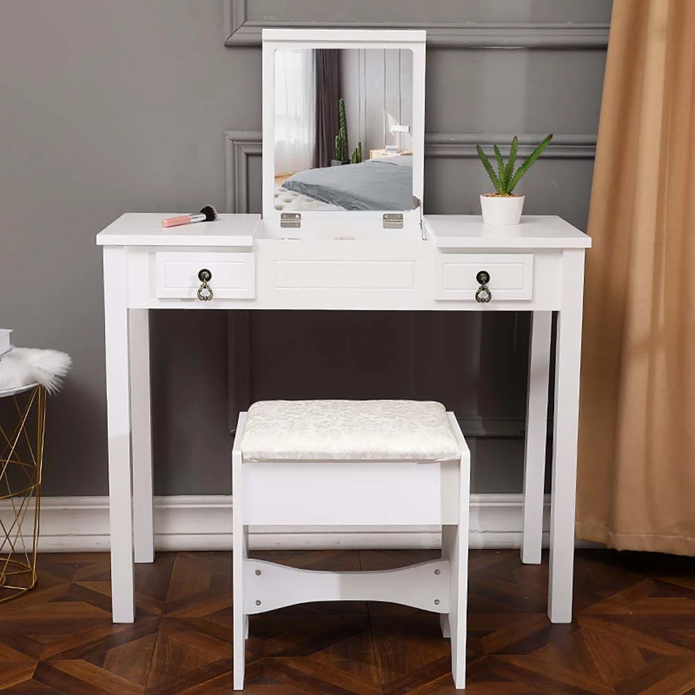 Topcobe Vanity Table Set with Mirror for Girls, 2 Drawers Makeup Table with Removable Desk Makeup Organizer, White Bedroom Dressing Table with Vanity Stool