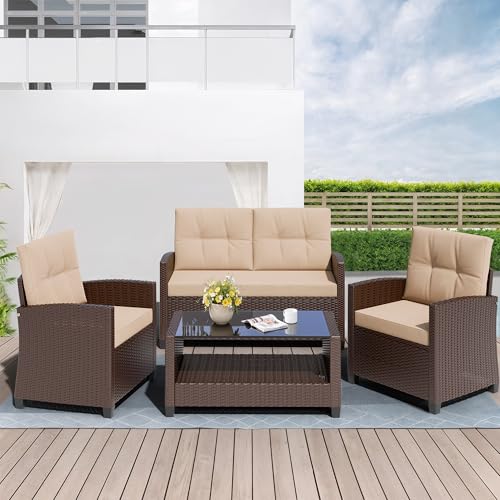 Shintenchi 4 Piece Patio Furniture Set, Outdoor Rattan Conversation Set with Coffee Table, Outside Wicker Sectional Sofa Couch with Cushion, Brown and Khaki