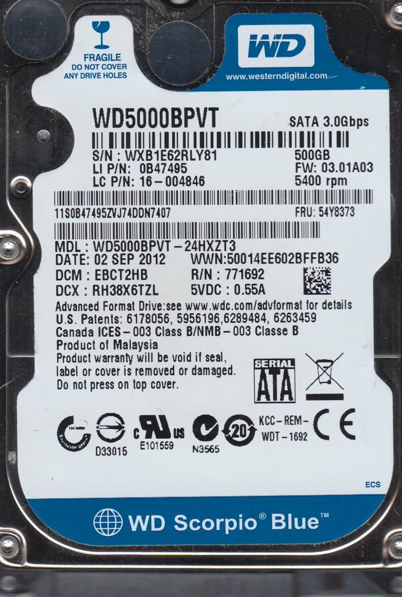 WD5000BPVT-24HXZT3, DCM EBCT2HB, Western Digital 500GB SATA 2.5 Hard Drive