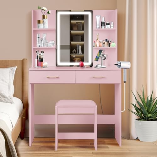 Vanity Set with Lights and Stool, Vanity Desk with Mirror and Lights，Vanity Power Outlet,Vanity Desk with Drawers, White Vanity with Lighted Mirror，Dressing Table Set with 2 Large Drawers