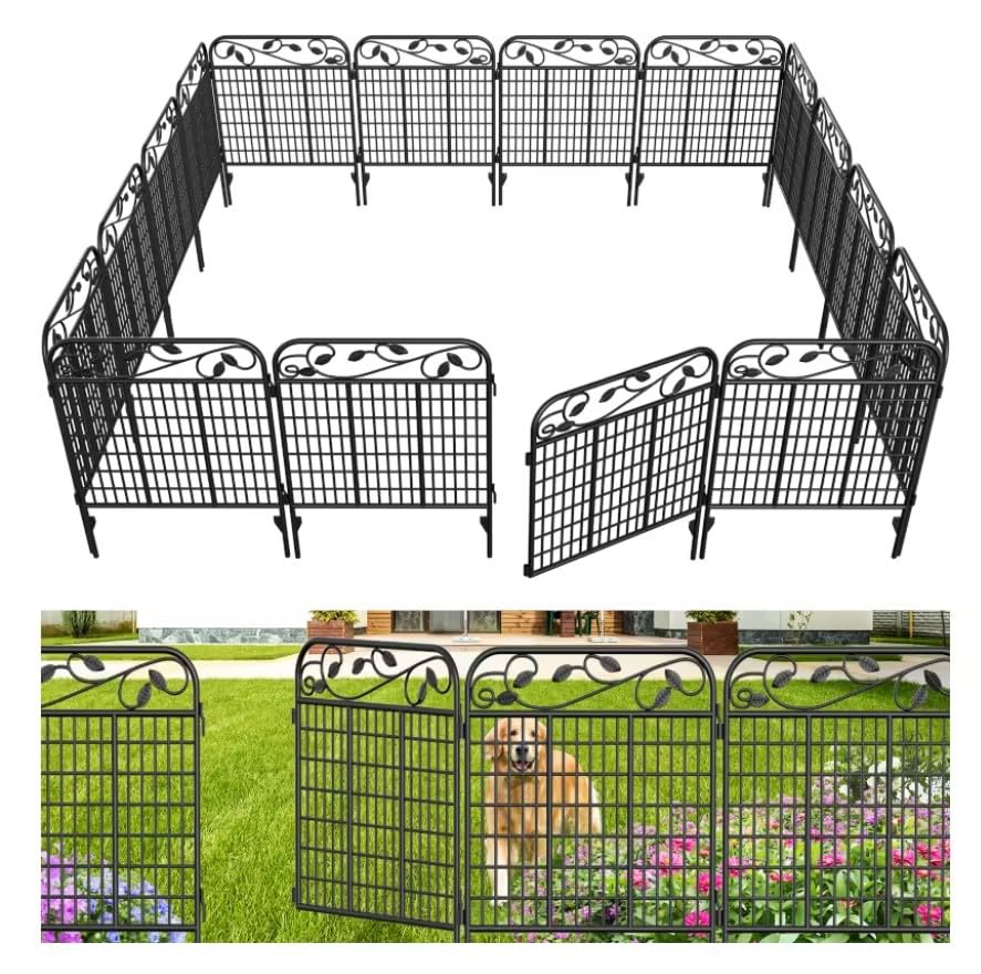 AMAGABELI GARDEN & HOME 4 Pack 44inch High 12ft Long Decorative Garden Fence Panels Border,Dog Fence for The Yard Outdoor Rustproof Animal Barrier Dogs Garden fencing Black
