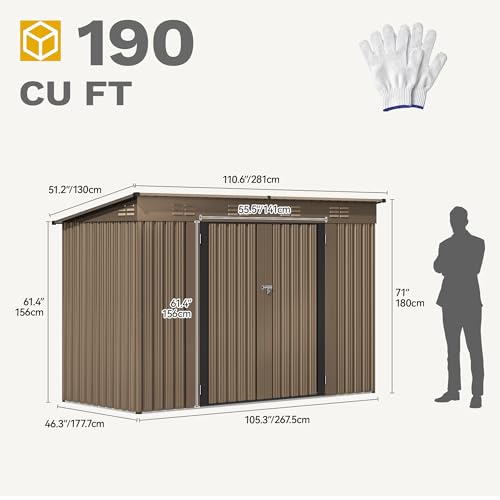 DWVO 9.1x4.2ft Large Outdoor Storage Shed, Metal Tool Sheds, Heavy Duty Tool Storage with Lockable Doors & Air Vent for Backyard Patio Lawn to Store Bikes, Tools, Lawnmowers,Brown