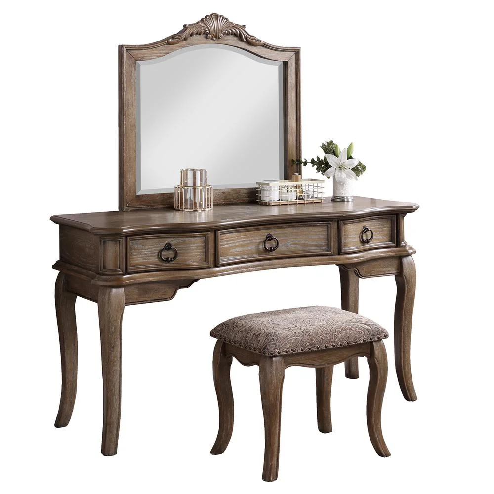 Poundex  Poundex Wooden Makeup Vanity Set Desk, Mirror and Stool - Antique Oak