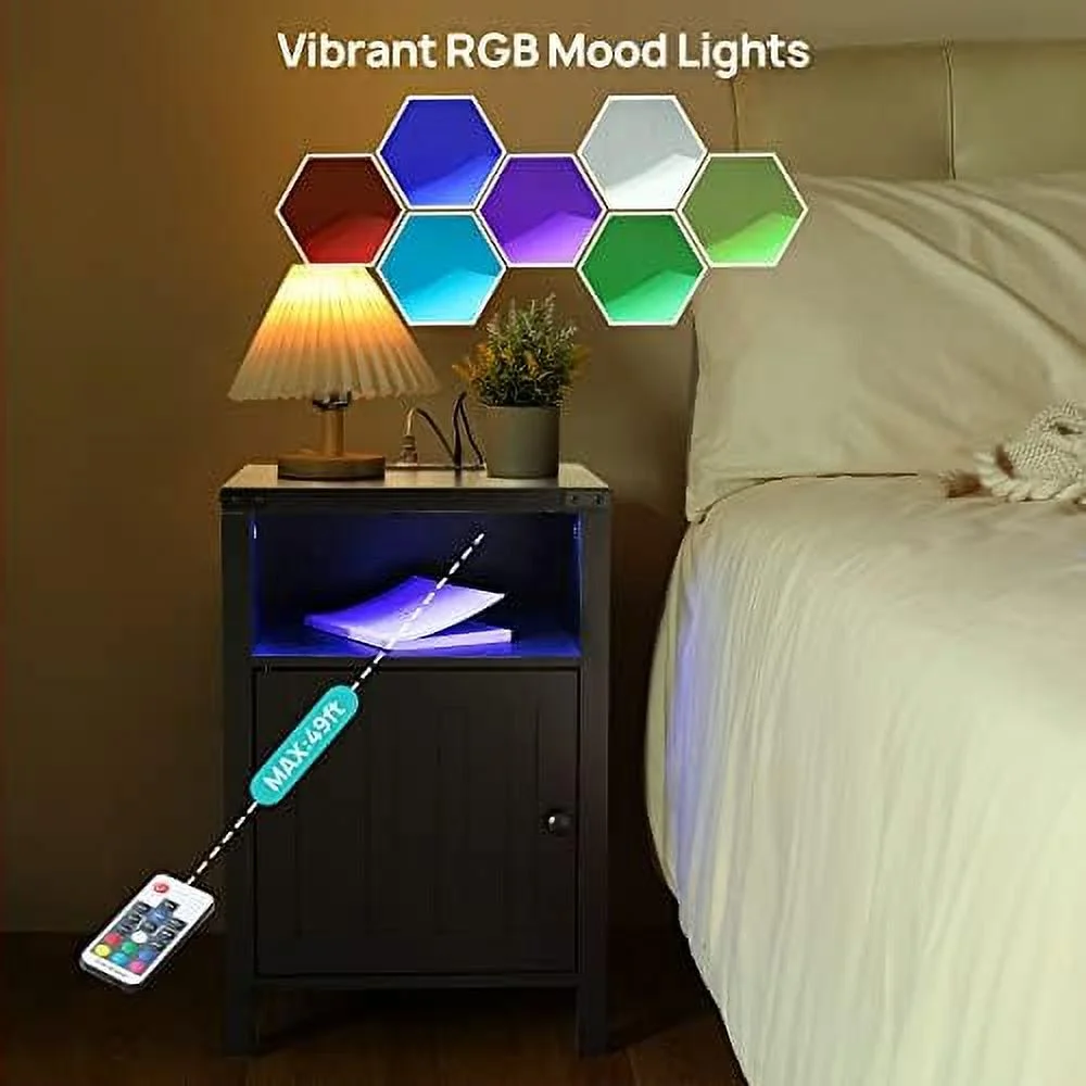 TJUNBOLIFE Nightstand with LED Strip Lights and Charging Station  2 USB Ports  2 Outlets  Barn Door Cabinet End Table  Bed  with Remote  Open  for Bedroom  Living Room    Grey