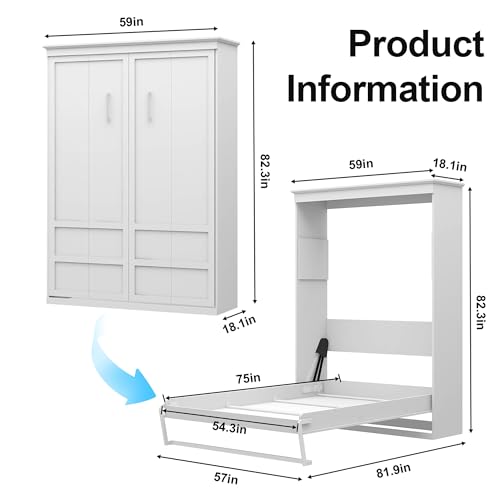 Black Wood Full Size Murphy Bed, Murphy Bed Full Space-Saving Wall Beds, 59'' Sleeping Arrangement for Multipurpose Area/Bedroom/Guest Room/Living Room, Pull Down Bed from Wall