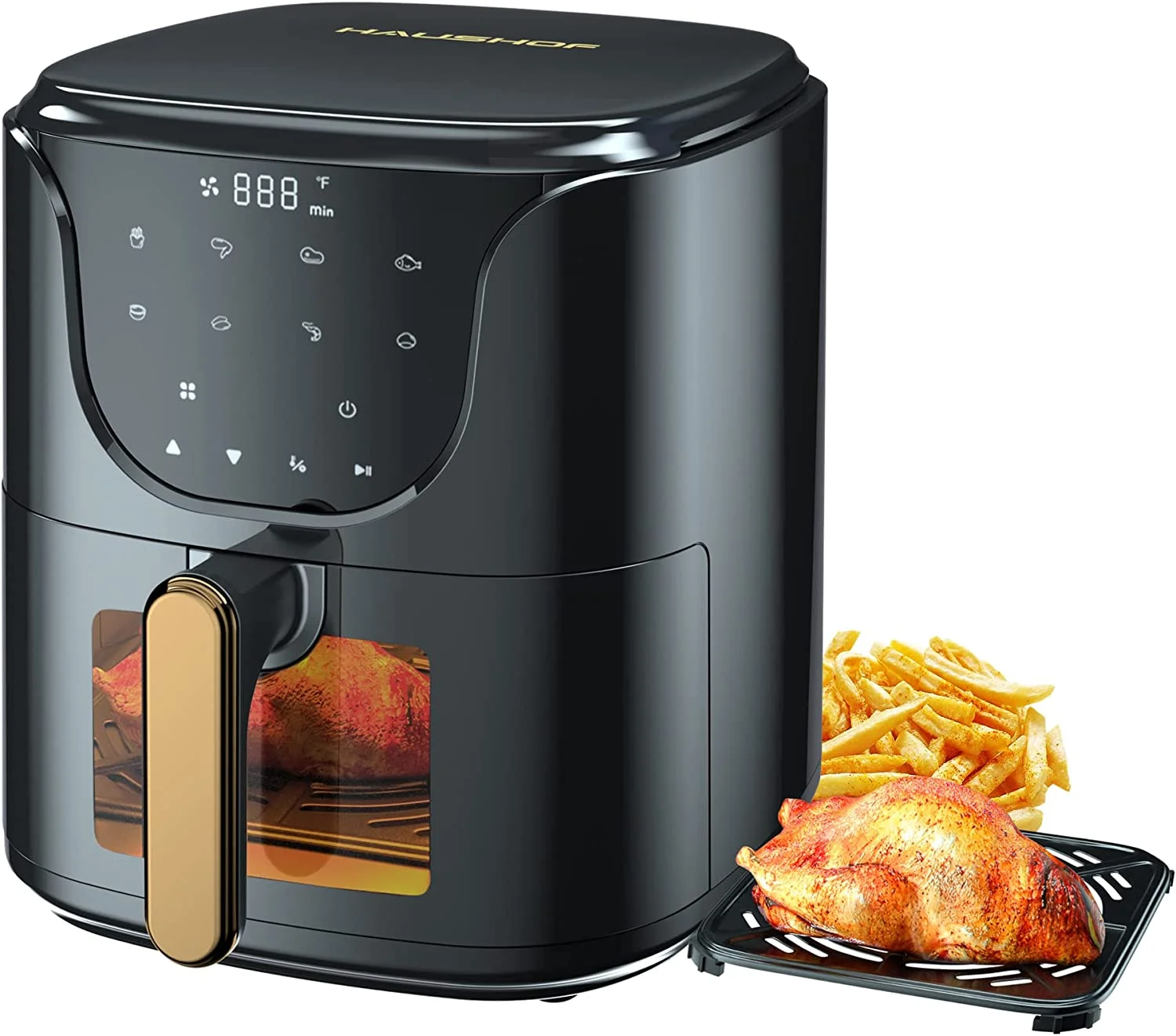 HAUSHOF 5.8QT Air Fryer Small Oven, Digital Oil-Less Cooker 1450W Airfryer, 8 Presets Cooking Functions, Time & Temperature Control, with Nonstick Tray, Black