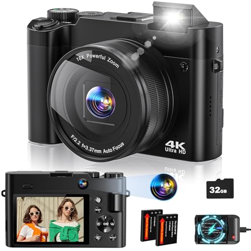 4K Digital Camera, 64MP Dual-Lens Vlogging Camera for Photography and Video 30FPS, Autofocus Anti-Shake, Selfie YouTube Camera, Digital Camera with Flash Dial 16X Zoom Charging Stand