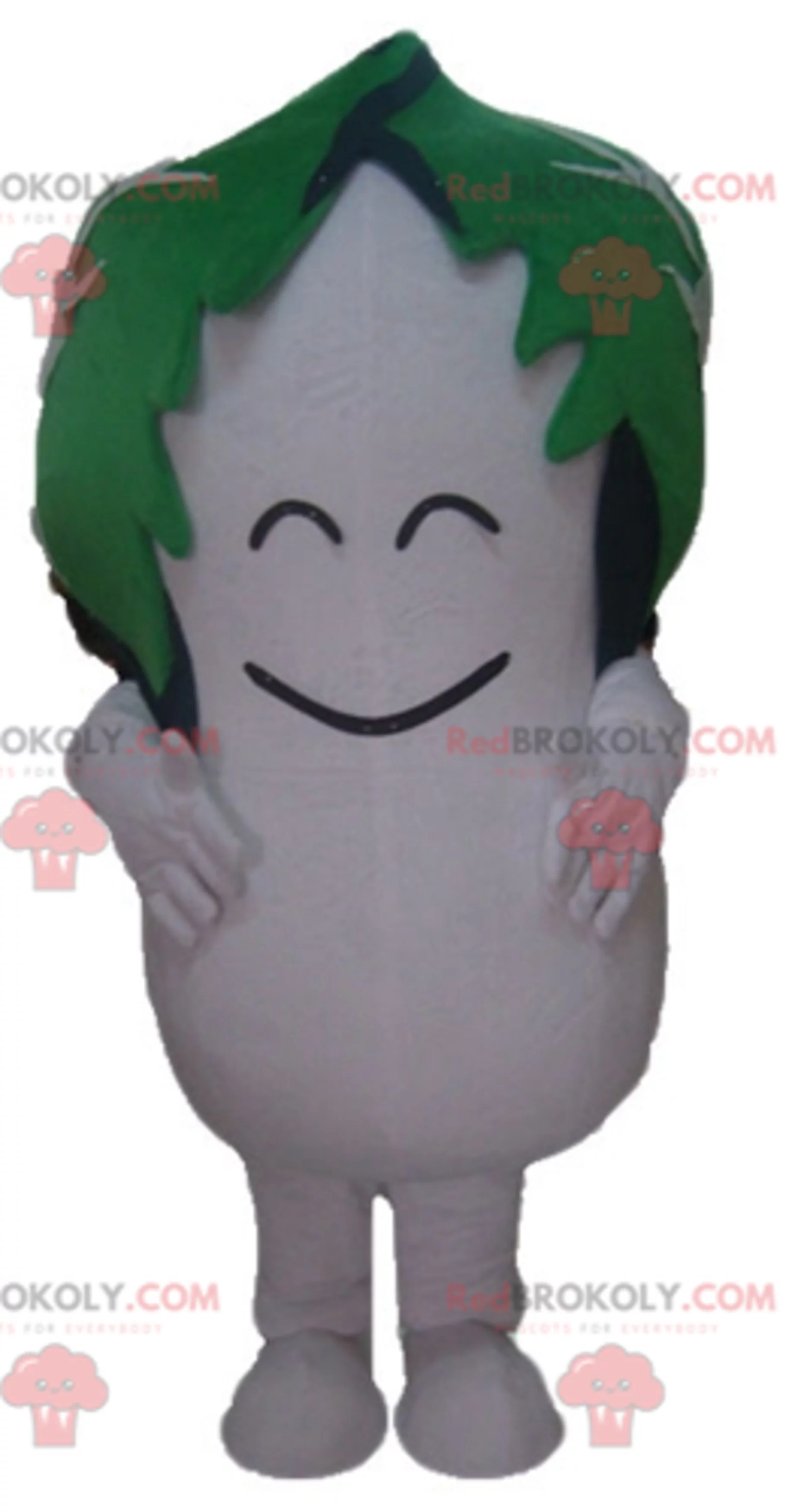 Dudhi white radish REDBROKOLY mascot with a leaf on his head