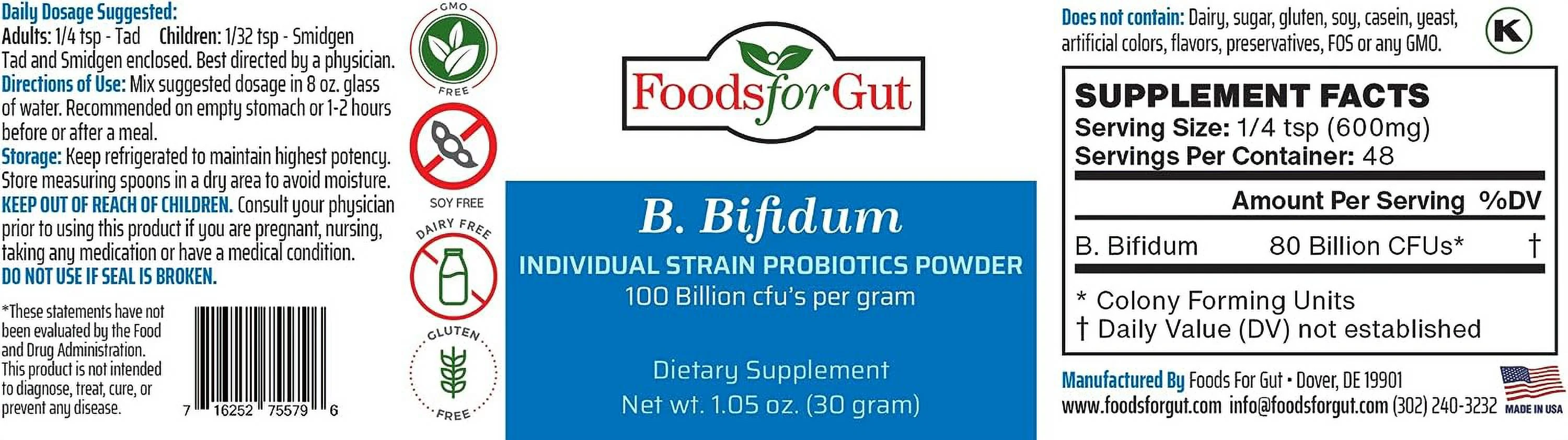 Foods For Gut Bifidobacterium Bifidum Probiotic Powder 100 Billion cfu's 30 Gram | Digestive & Immune Support | High Potency | B. Bifidum