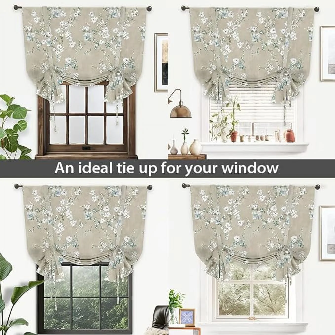 DriftAway Mackenzie Tie Up Curtain, Blossom Floral Pattern Room Darkening/Thermal Insulated Window Curtain, Adjustable Balloon Curtain for Small Window, Rod Pocket, 45